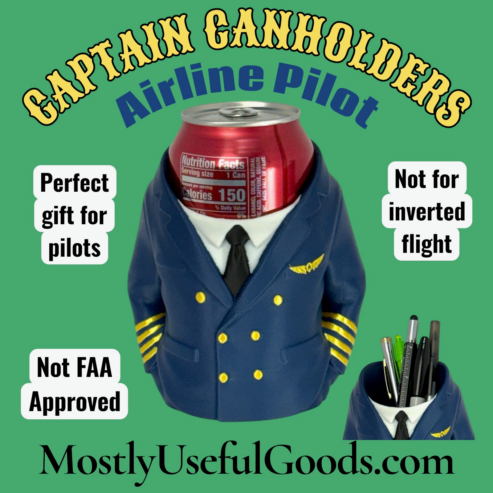 Captain Can Holder (Airline Captain Version) Soda Can or Desktop Pen Holder - Novelty Gift