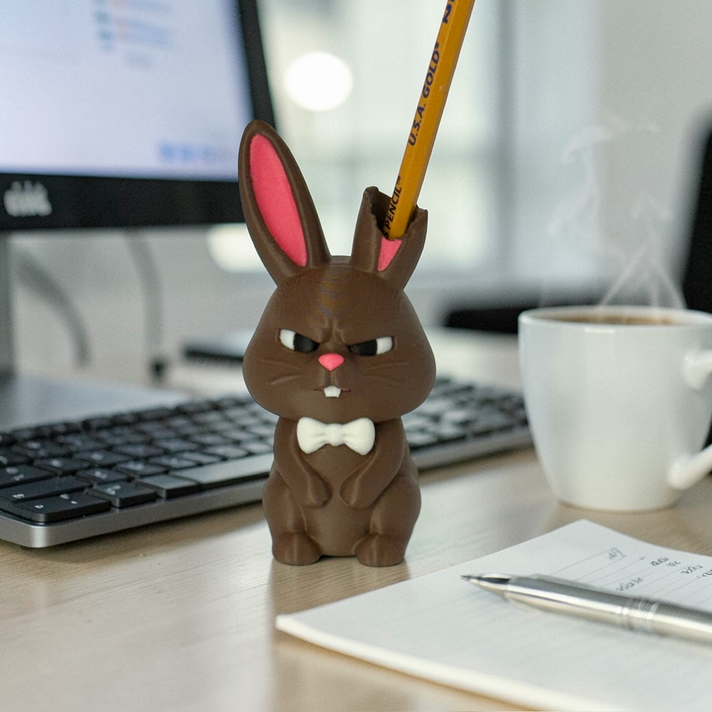Comical Chocolate Easter Bunny Pencil Holder Figurine on a Desk